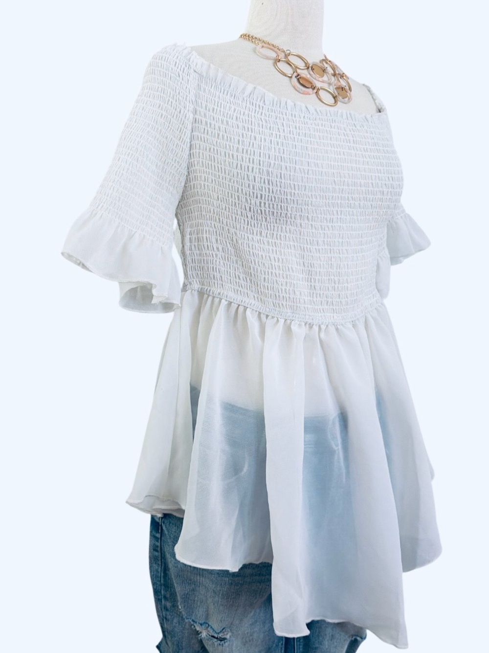 GIRL SOUL -Off-Shoulder White Smocked Peplum Tunic